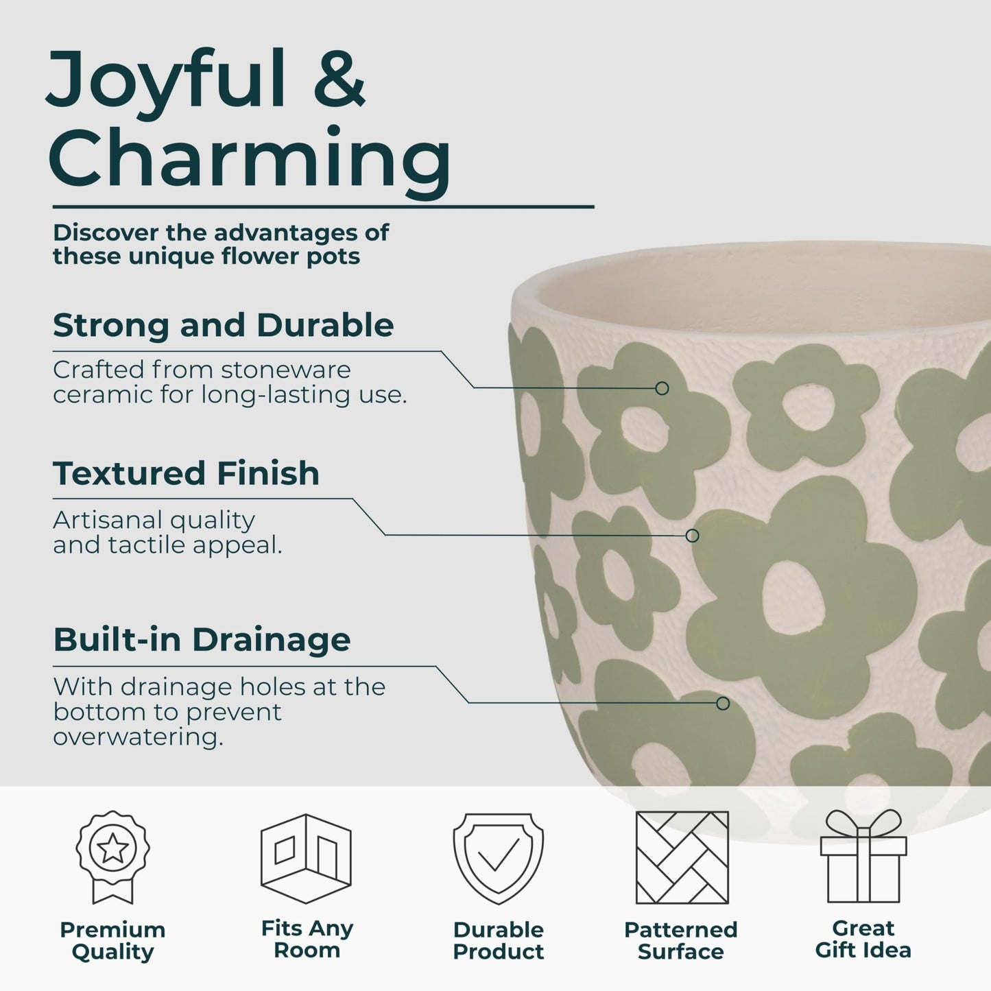 Sagebrook Home Set of 2 Cement Decorative Planter Pot Without Stand Pottery Outdoor & Indoor Plant Pot with Flower Pattern Minimalist Modern Garden & Home Decor Cement Planters 6" & 8", Light Green