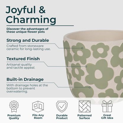 Sagebrook Home Set of 2 Cement Decorative Planter Pot Without Stand Pottery Outdoor & Indoor Plant Pot with Flower Pattern Minimalist Modern Garden & Home Decor Cement Planters 6" & 8", Light Green