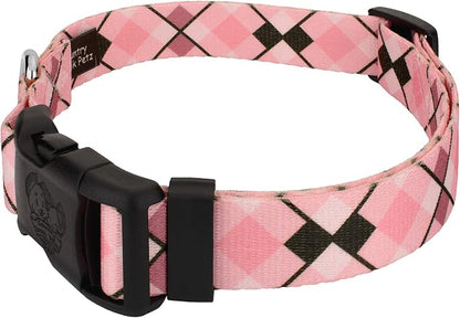 Country Brook Petz - Pink and Brown Argyle Everyday Dog Collar and Leash Limited Edition - Plaid and Argyle Collection Featuring Charming Designs (1/2 Inch, 2XS)