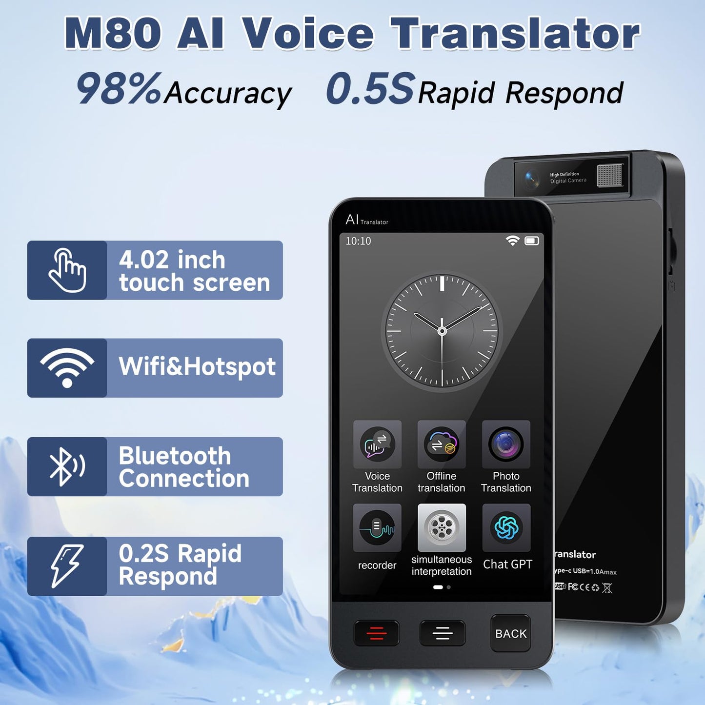 Offline Language AI Translator Device, 142 Languages Two Way Real-Time Voice Translation, ChatGPT Instant Translator, Recording&Photo AI Translation for Business Learning Travel (Black)