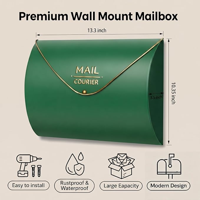 Green Wall Mount Mailbox for Outside,Waterproof Metal Mailboxes with Rust-Proof Galvanized Steel,Large Capacity Envelope Mailbox for House,12.99 x 10.35 x 3.5 Inch