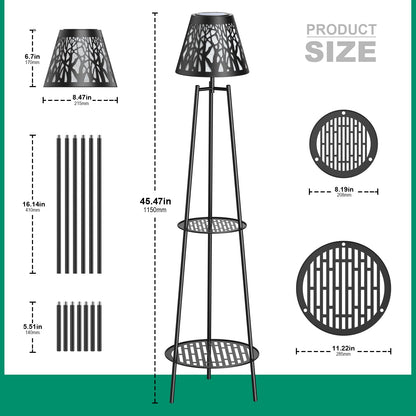 MXwcy 2-Tier Solar Plant Stand with Light, Outdoor Waterproof Floor Lamp with Tree Branch Cutout Lampshade, Tall Metal Planter Holder Display Rack for Patio, Porch, Garden, Balcony Decor (2 Pack)
