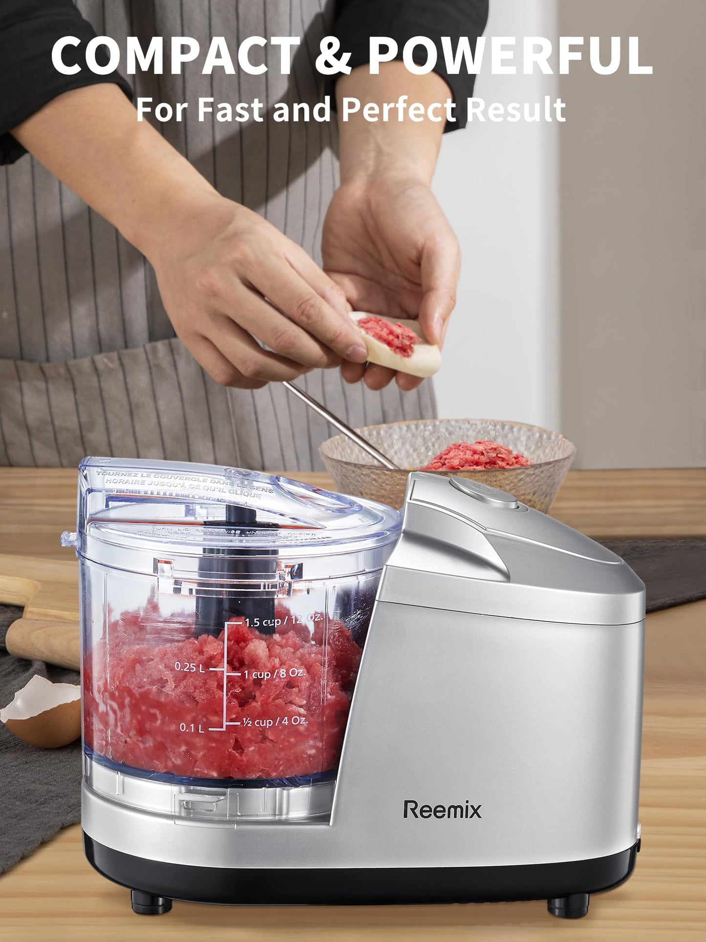 Reemix 1.5-Cup One-Touch Electric Food Chopper, 100W Mini Food Processor Meat Grinder, Mix, Chop, Mince and Blend Vegetables, Fruits, Nuts, Meats, Stainless Steel Blade (Black)