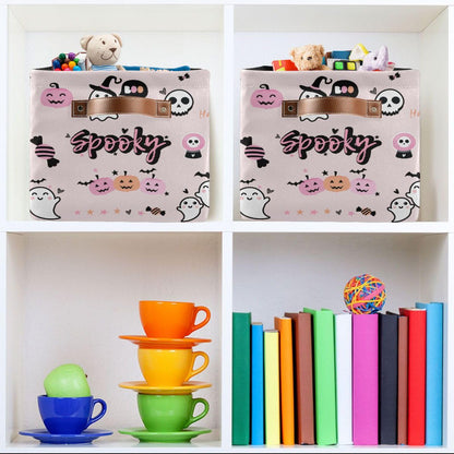 Sletend Foldable Canvas Storage Basket with Handles Halloween Cartoon Ghost Durable Storage Bin Organizer for Nursery Kids Shelves Desks Printed Canvas Storage Basket