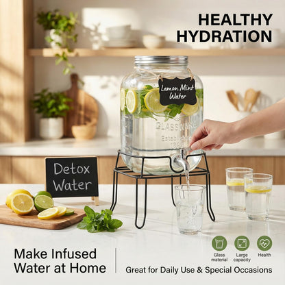 RuileMei 2 Gallon Glass Drink Dispenser,Beverage Dispenser with Stand,Lemonade Dispenser with 304 Stainless Steel Spigot Leakproof for Entertaining Guests, Picnic,Hosting Parties