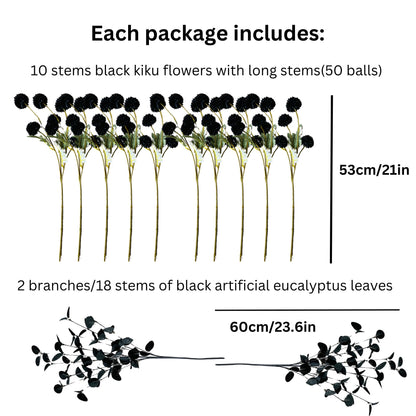 RyddeligHome Black Artificial Flowers for Centerpieces Bulk 10 Long Stems /50 Small Faux Silk Mum Balls + Black Eucalyptus Stems 2 Branches, Fall Boho Halloween Home Decor Indoor, Gothic Flowers