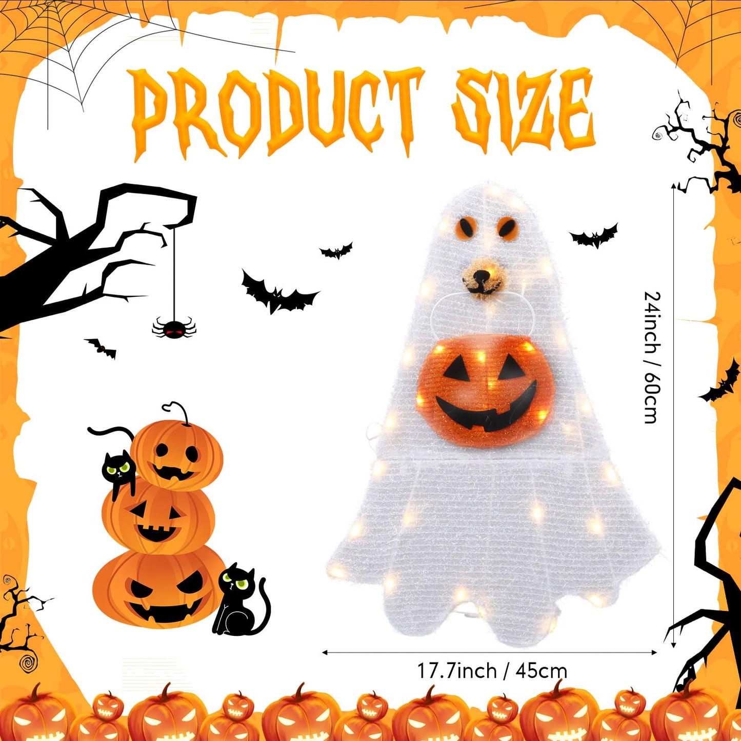 Retisee Lighted Halloween Ghost Dog Puppy with Pumpkin Outdoor Decoration Pre-lit 2D Tinsel Spooky Ghost Dog Halloween Lighted-up Party Courtyard Porch Garden Lawn Display Decor, Not Include Battery