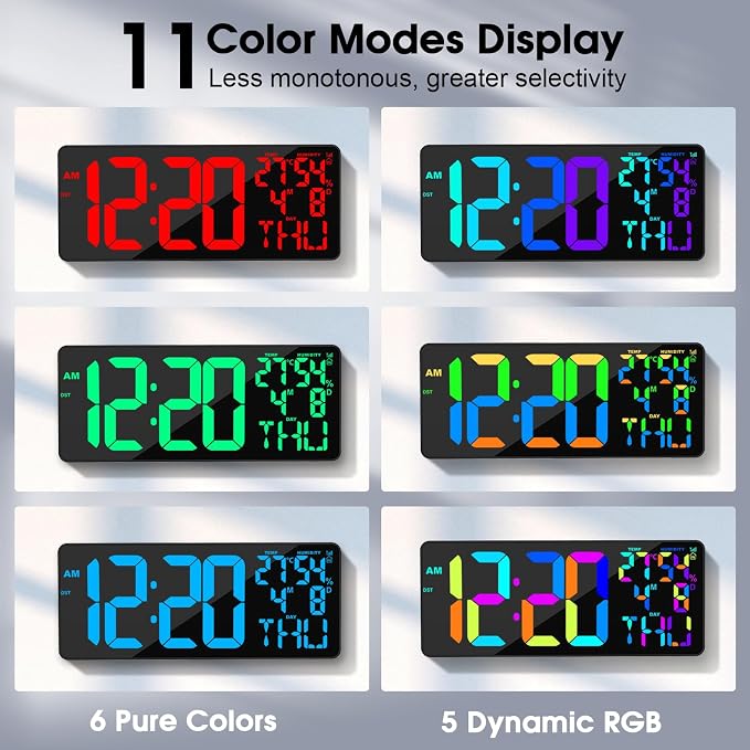 11 RGB Color Changes Large Digital Wall Clock/Bluetooth Auto Time Sync, Remote-Controlled Digital Wall Clock Large Display with Alarm/Timer Function, DST, Indoor Temperature/Humidity Display (18 inch)