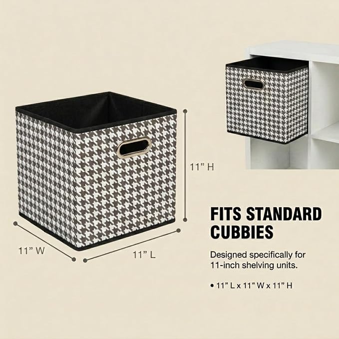 Household Essentials Foldable Fabric Storage Cubes 6-Pack – 11x11x11 Stackable Non-Woven Bins with Chipboard Sides & Grommet Handles – Closet, Shelf, Nursery, or Office Organizer – Houndstooth