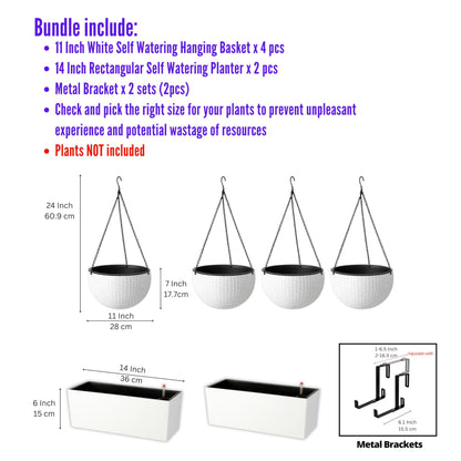 LaLaGreen Bundle- 4 Pack, 11 Inch Self Watering Hanging Basket + 2 Pack, 14 Inch White Rectangular Planter Window Flower Box with Bracket Round Plant Pots Outdoor Balcony Patio Porch Deck Garden Decor