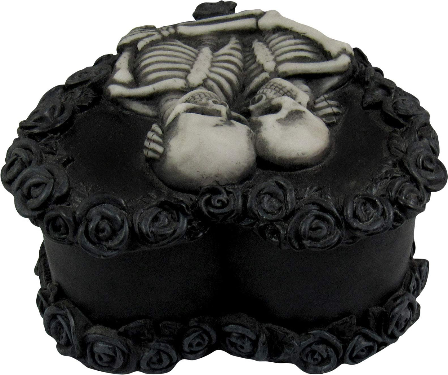 DWK - To Have & To Hold - Beautiful Gothic Skeleton Lovers Embracing on Black Rose Wreath Keepsake Jewelry Trinket Stash Box with Red Interior Romantic Goth Valentine's Day Home Decor Accent, 5-inch