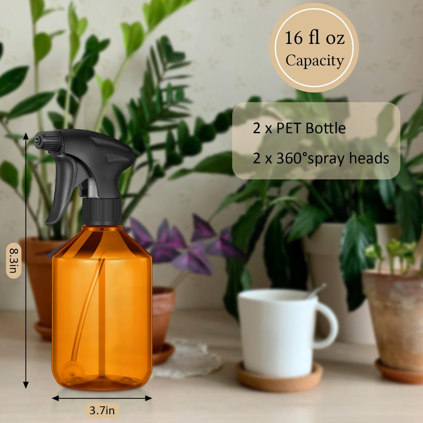 Baderke 2 Pcs Spray Bottle, 16 oz Plastic Spray Bottles for Cleaning 360° Upside Down Sprayer Bottles for Cleaning Solutions, Durable Nozzle W/fine Mist and Stream Setting(Brown)
