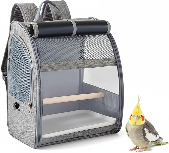 Large Parrot Backpack for Cockatiel, Pigeons, Breathable Bird Backpack Carrier, Gray Pet Travel Cage with Mesh Window, Portable Bird Cage with Removable Perch & Tray, 12.2 X 9.6 X 15 in
