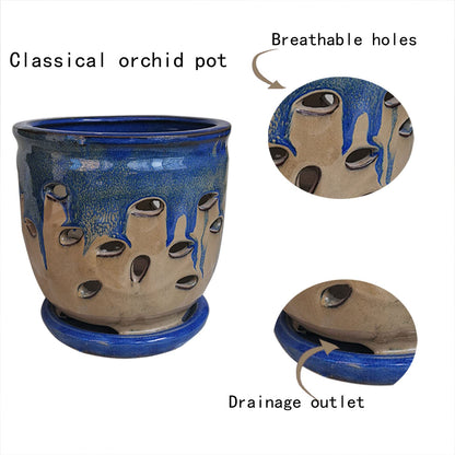 Fowargif Large 6inch Ceramic Orchid pots with Holes, Flower Pot with Saucer for Indoor Plants Home Decorative, Round Planter (Blue+Light Brown)