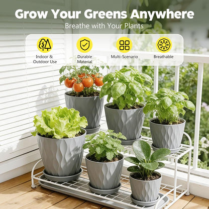 KEETUMOOD Plant Pots, Self Watering Planters with Drainage Holes and Trays, Flower Pots for Indoor Outdoor - 6 Pack(4/5/6/6.5/7/8 Inch) (Gray)