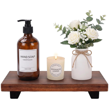 Farmhouse Bathroom Tray Organizer Wooden Riser Stand Wood Trays for Kitchen Counter Decor Pedestal Dish Soap Dispenser Holder Kitchen Sink Tray Modern Bathroom Vanity Accessories Decorative Trays