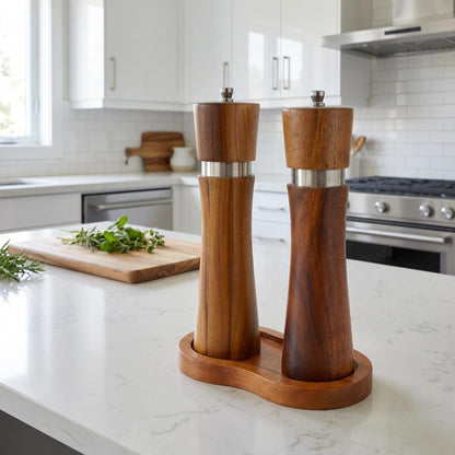 VanlonPro Salt and Pepper Mill Tray, Retro Sapele Wood Tray, Pepper Mill Holder & Rest (Inner Dia 2.6 Inch) fit Many Mills & Shakers, Salt & Pepper Grinder Accessories, Kitchen Storage Holder