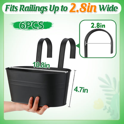 MADHOLLY Railing Planter with Drainage Holes - 6Pcs Sturdy Bucket Pots for Railing Fence, Countryside Style Metal Flower Pots for Herbs Balcony Garden Yard Decor, Black