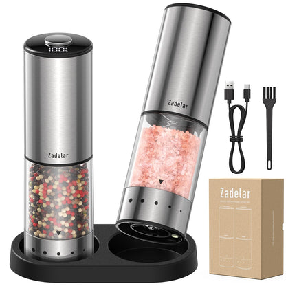 Rechargeable Electric salt and pepper grinder set with Storage Base,Automatic Refillable Salt and Pepper Shakers with LED Display,Upgraded Large Capacity,External Adjustable Coarseness for Mom Gifts