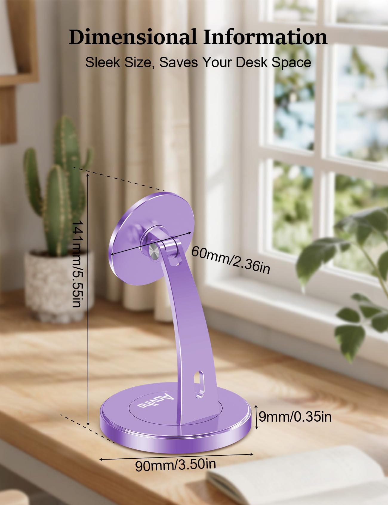 Aoviho Magnetic Phone Stand for Desk – 360° Rotating Aluminum Phone Holder, Stable Desk Stand for Office, Home & Kitchen, Compatible with iPhone 17 Pro Max 16–12 Series and MagSafe Cases, Purple