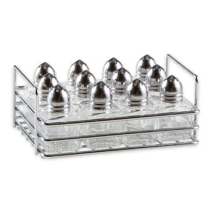 RSVP International Mini Glass Salt & Pepper Set Holder Included, 12 Shakers, Chrome and Stainless Steel