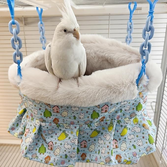2 in 1 Warm Bird Carrier Bag, Bird Hammock Bed for Cage, Winter Travel Bag, Portable Parrot Outing Bag for Lovebird, Budgie, Conure, Quaker, Small Medium Birds (Blue,Small)