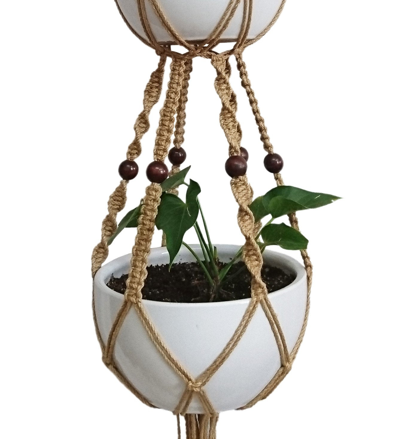 6 Legs Macrame Plant Hanger Natural Hemp Rope Plant Hangers with 12 pcs Round Wood Bead, 65-inches Length for 10" Pot (Without White Pot and Plant) (Brown)