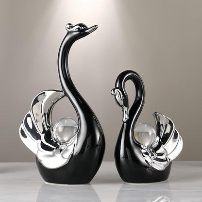 XINDAM A Pair of Swan Figurines Swans Statue with Crystal Ball Model Home Office Display Decorative Craft Living Room Decor (Black)