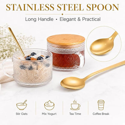 Semderm Vintage Glass Coffee Mugs Set of 4, Overnight Oats Containers with Bamboo Lids and Spoons - 14oz Clear Tea Cups for Cappuccino Latte Americano Cereal Yogurt Beverage
