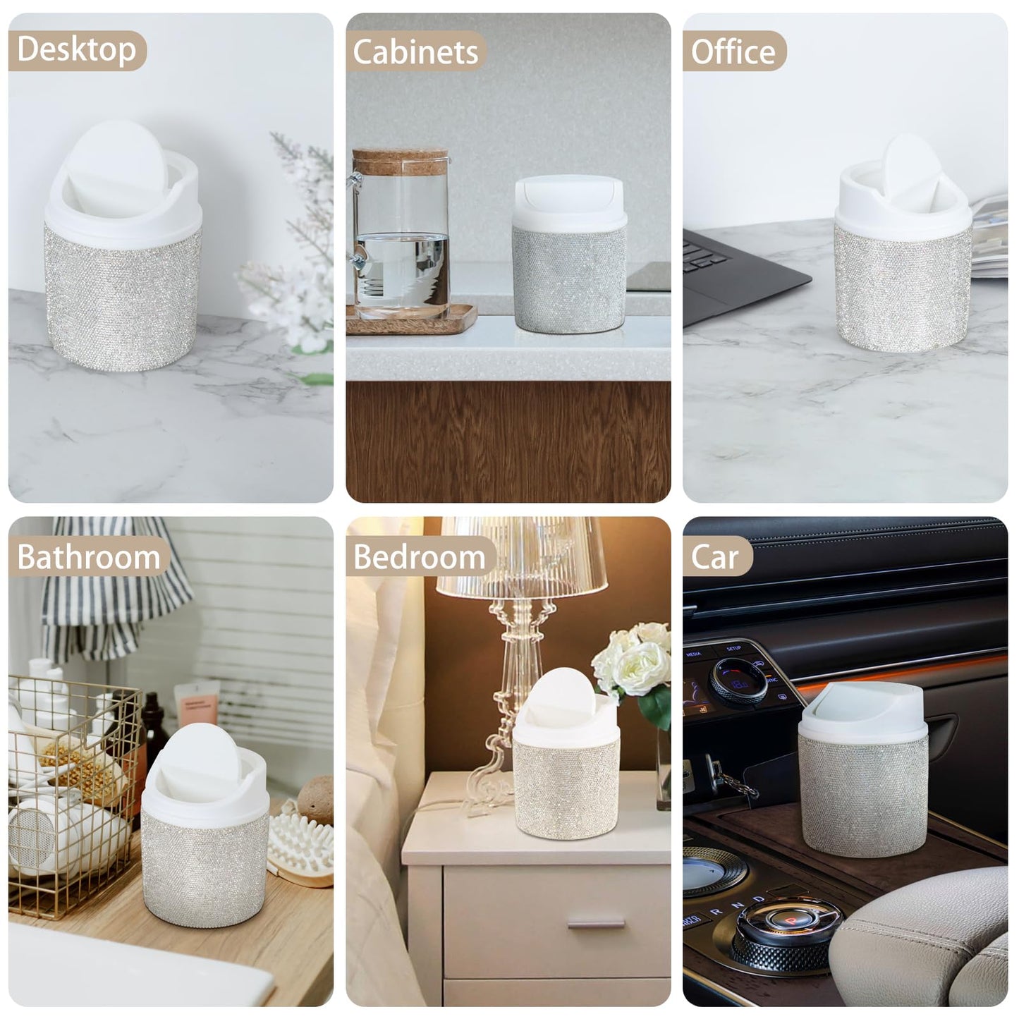 KEYPOWER Bling Rhinestone Mini Plastic Trash Can Cute Small Waste Can with Swing Lid,Suitable for Home Countertop,Car,Table Desk,Office (White)
