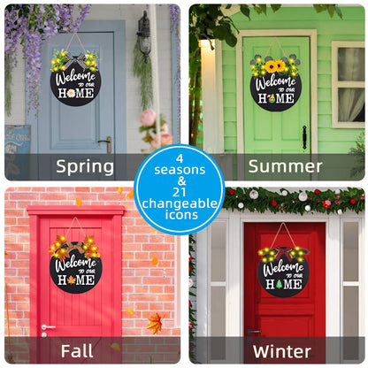 Interchangeable Welcome Home Sign, Front Door Decor With 4 Seasonal Wreaths and 21 Changeable Icons, Rustic Wood Wall Porch Hanger for Holiday Halloween Christmas Housewarming Gift (Black)