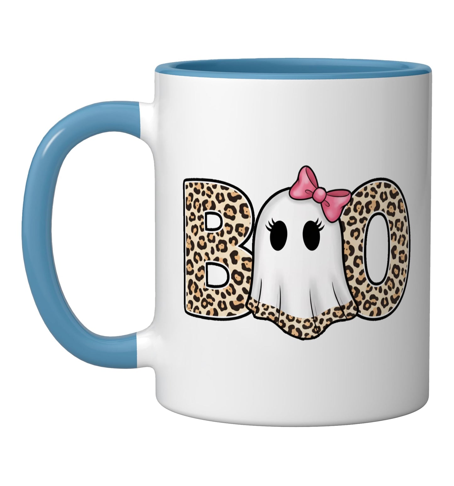 Halloween Boo Leopard Ghost Pink Bow Ceramic Mug, Blue/White