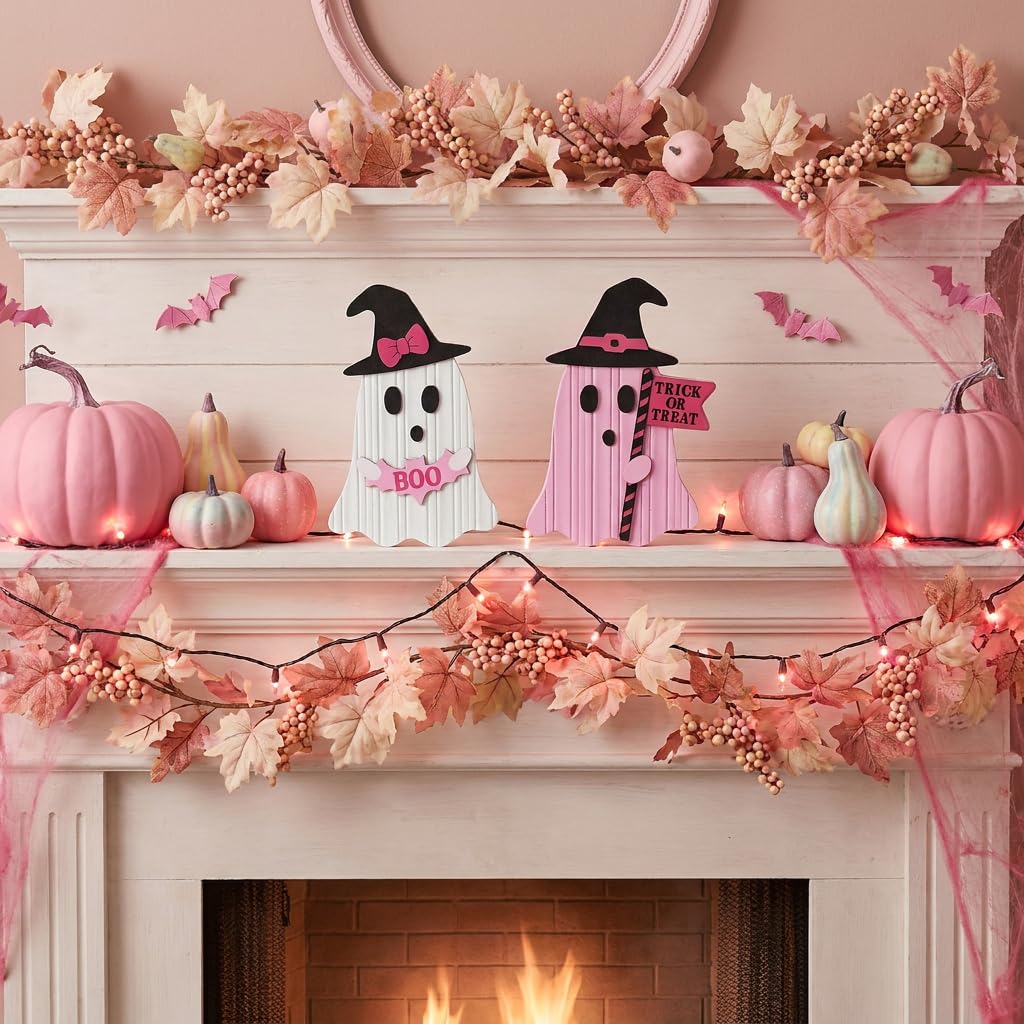 Valery Madelyn Pink Halloween Decorations, Set of 2 Cute Halloween Ghost Decor, Witch Hat Boo & Trick or Treat Wooden Tabletop Signs for Home, Shelf, Tiered Tray Party Display, 7 Inch