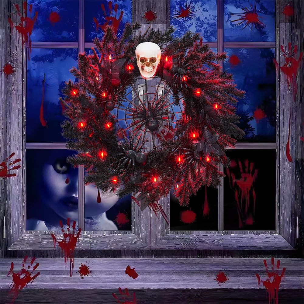 22" Halloween Wreath with Lights, Black Twig Wreath with Scary Skull and Spider, Artificial Halloween Party Decorations for Front Door Indoor Outdoor Wall Window Porch