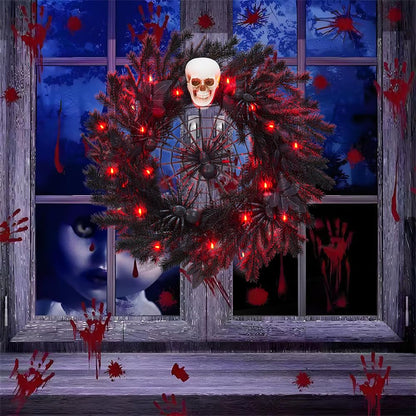 22" Halloween Wreath with Lights, Black Twig Wreath with Scary Skull and Spider, Artificial Halloween Party Decorations for Front Door Indoor Outdoor Wall Window Porch