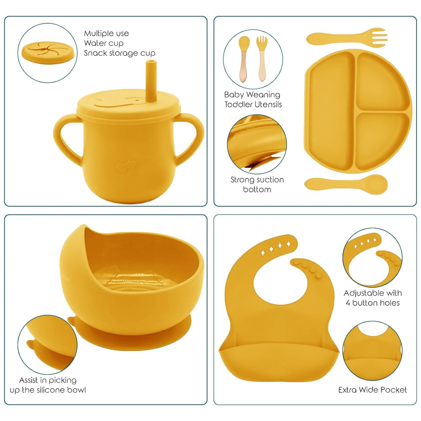 Dormlony 100% Silicone baby feeding set,BPA free Baby dishes set with Suction Bowl Divided Plate,Toddler Self Feeding Dish Set with Spoons Forks Sippy Cup And Bib, Baby Eating Utensils (Pumpkin)