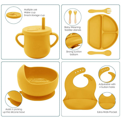 Dormlony 100% Silicone baby feeding set,BPA free Baby dishes set with Suction Bowl Divided Plate,Toddler Self Feeding Dish Set with Spoons Forks Sippy Cup And Bib, Baby Eating Utensils (Pumpkin)