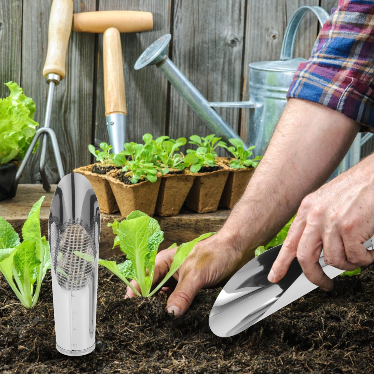 2Pcs Stainless Steel Garden Shovel and Soil Sifter Set for Planting, Portable Soil Scoop and Sifter for Bonsai, and Vegetable Gardening