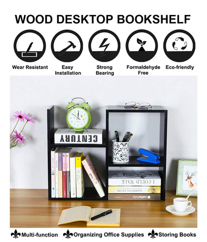 PAG Desktop Shelf Freestanding Wooden Small Bookshelf Desk Supplies Organizers and Accessories Storage Display Rack Office Dorm Decor for Women, Black