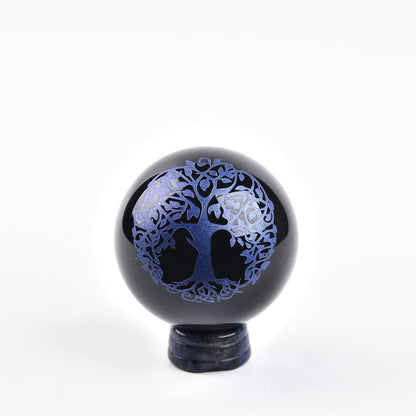 JIC Gem Small Black Obsidian Crystal Ball Sphere Carving Tree of Life with Blue Sodalite Decorative Stand for Meditation, Healing, Feng Shui (60mm / 2.2in)
