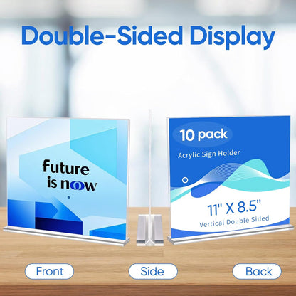 10 Pack Acrylic Sign Holder 11 x 8.5, Horizontal Clear Double Side T Shape Acrylic Table Sign Stands for Displaying, Flyer Holder Paper Card Holder for Office Business Store Mall Restaurants