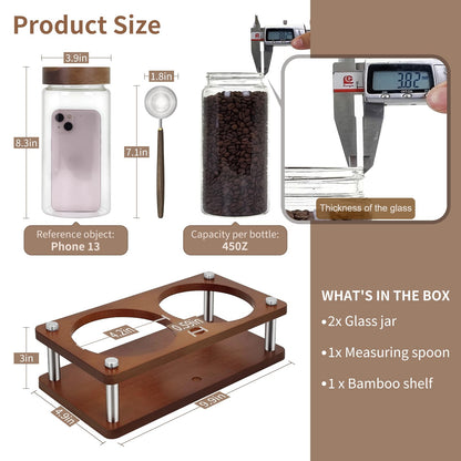 Venuekkuri Glass Coffee Grounds Container with Shelf, 2 × 45 oz Glass Coffee Canisters with Airtight Thread Lid, Storage Jars with Stainless Steel Spoon for Coffee Bean, Sugar,Nut