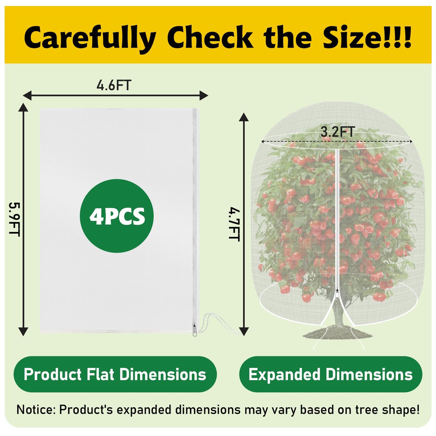 OZMI 4 Pack Fruit Tree Blueberry Bush Netting Cover, 4.6Ft x 5.9Ft Reusable Bird Netting for Garden Protection with Zipper & Drawstring, Shrubs Tomato Strawberry Plant Bushes Protector