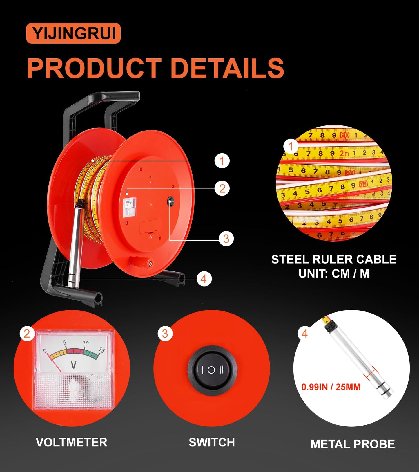 YJINGRUI 66ft/20m Water Level Meter, Water Well Measurement, Water Level Gauge with Fixed Probe and Steel Tape (Diameter 25mm Probe)