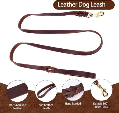 Leather Dog Collar and Leash Set, 5FT Heavy Duty Leather Training Leash with Adjustable Dog Collar, Soft and Durable Dogs Leashes and Collars Set for Small Medium Large Dogs (Brown, S)