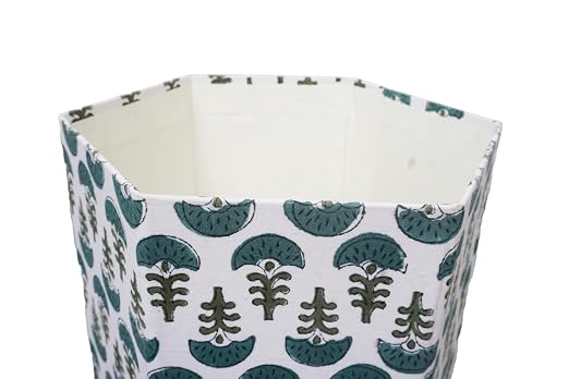 Generic 3.3 Gallon Cotton Hand Block Printed Paper Waste Basket |Small Decorative Trash Can for Housewarming Gifts in Living Room, Bedroom, Bathroom | Eco-Friendly, Plastic-Free (1, GREEN WHITE)