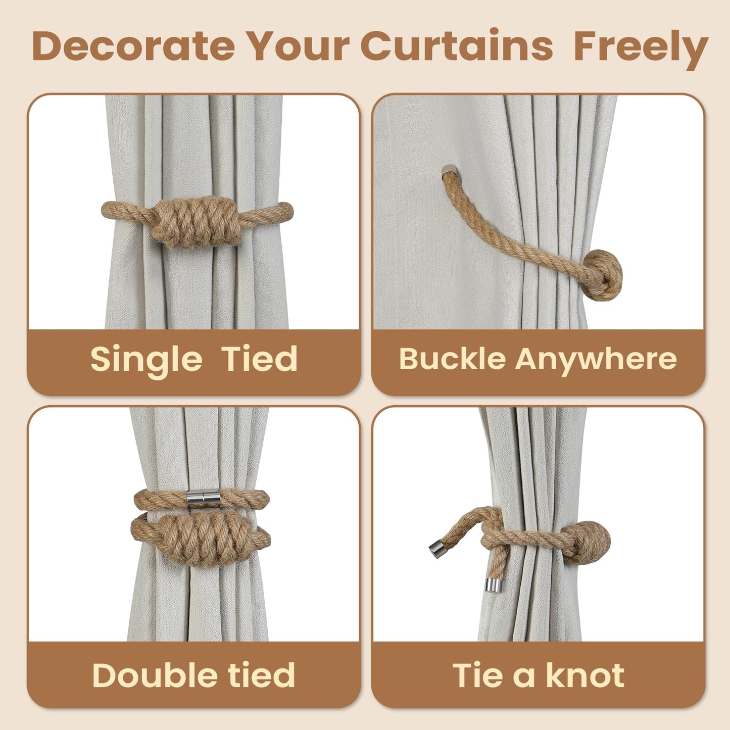 Magnetic Curtain Tiebacks, Decorative Jute Curtain Holdbacks for Draperies, Elegant Hand Weave Rope Knot Curtain Tie Backs, Boho Curtain Tiebacks for Home Office Bedroom Decor(Jute,4Pack)