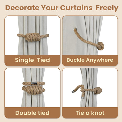 Magnetic Curtain Tiebacks, Decorative Jute Curtain Holdbacks for Draperies, Elegant Hand Weave Rope Knot Curtain Tie Backs, Boho Curtain Tiebacks for Home Office Bedroom Decor(Jute,4Pack)