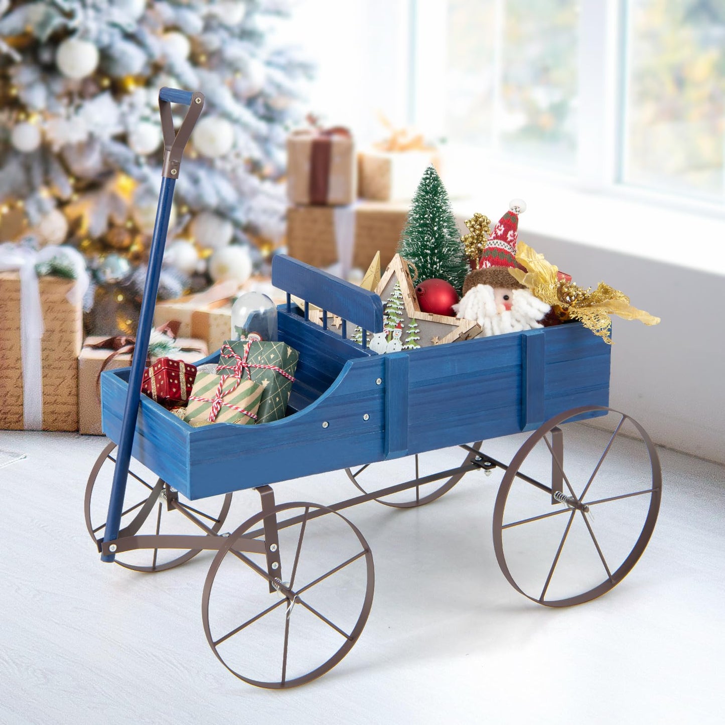 Giantex Decorative Garden Planter, Small Wagon Cart with Metal Wheels, Wood Raised Beds Plant Pot Stand for Backyard Garden Patio 24.5”Lx13.5”Wx24”H (Blue)