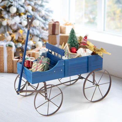 Giantex Decorative Garden Planter, Small Wagon Cart with Metal Wheels, Wood Raised Beds Plant Pot Stand for Backyard Garden Patio 24.5”Lx13.5”Wx24”H (Blue)